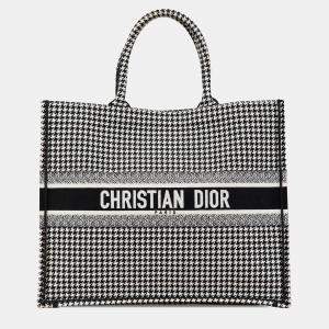 Pre Owned Dior Black Large Canvas Houndstooth Embroidered Book Tote
