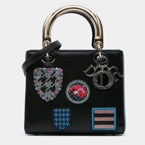 Pre Owned Dior Black Medium Calfskin Patch Embellished Lady Dior