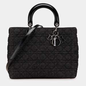 Pre Owned Dior Black Large Denim Cannage Lady Dior