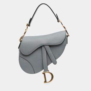 Pre Owned Dior Light Blue Mini Grained Calfskin Saddle Bag