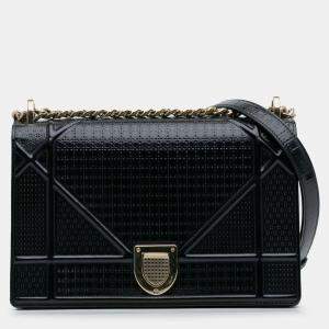 Pre Owned Dior Navy Blue Medium Patent Microcannage Diorama Flap