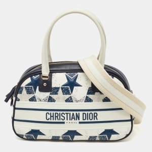 Pre Owned Dior Navy Blue/White Leather Medium Star Vibe Zip Bowling Bag