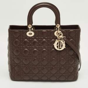 Pre Owned Dior Dark Brown Cannage Leather Large Lady Dior Tote