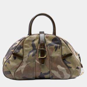 Pre Owned Dior Green Camouflage Coated Canvas Double Saddle Bowler Bag
