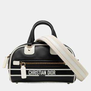 Pre Owned Dior Black White Micro Leather Dior Vibe Zip Bowling Bag