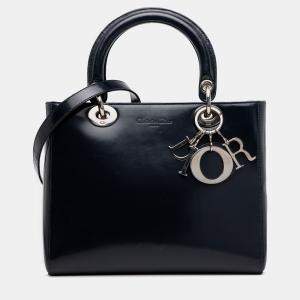 Pre Owned Dior Navy Blue Medium Glazed Calfskin Lady Dior