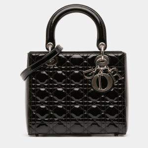 Pre Owned Dior Black Medium Patent Cannage Lady Dior