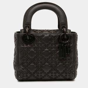 Pre Owned Dior Black Mini Ultra Matte Calfskin Cannage Studded Supple Lady Dior