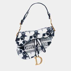 Pre Owned Dior White Embroidered Canvas Stars Saddle Bag