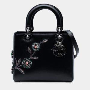 Pre Owned Dior Black Medium Smooth Calfskin Embroidered Beaded Floral Lady Dior