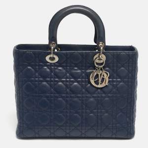 Pre Owned Dior Navy Blue Cannage Leather Large Lady Dior Tote