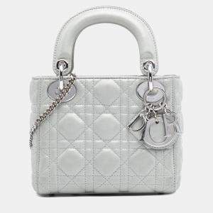 Pre Owned Dior Silver Mini Iridescent Lambskin Cannage Lady Dior