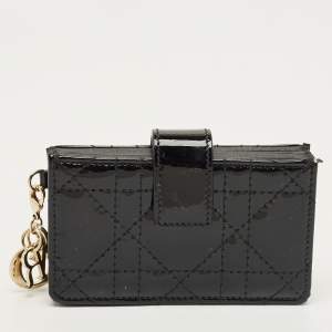 Pre Owned Dior Black Cannage Patent Leather Lady Dior Gusset Card Holder