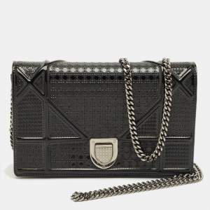 Pre Owned Dior Black Microcannage Patent Leather Diorama Wallet on Chain