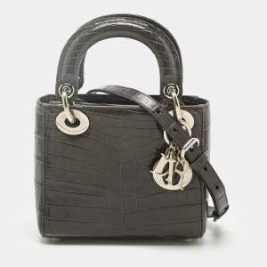 Pre Owned Dior Dark Grey Alligator Mini Lady Dior Tote