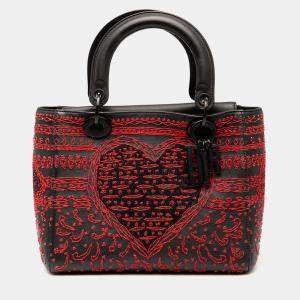 Pre Owned Dior Black/Red Medium Smooth Calfskin Embroidered Heart Playing Cards Lady Dior
