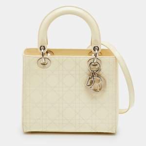 Pre Owned Dior Off White Cannage Patent Leather Medium Lady Dior Tote