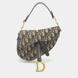 Pre Owned Dior Navy Blue Oblique Canvas and Leather Mini Saddle Bag