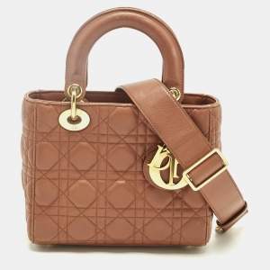 Pre Owned Dior Brown Cannage Leather Small Lady Dior Tote