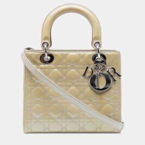 Pre Owned Dior Beige Brown Medium Patent Cannage Lady Dior