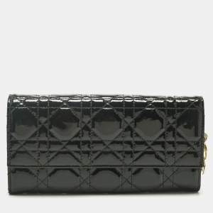 Pre Owned Dior Black Cannage Patent Leather Lady Dior Continental Wallet