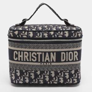 Pre Owned Dior Blue Oblique Canvas Travel Vanity Case Top Handle Bag