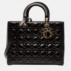 Pre Owned Dior Brown Large Patent Cannage Lady Dior