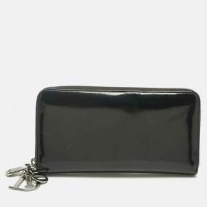 Pre Owned Dior Black Glossy Leather Lady Dior Zip Continental Wallet