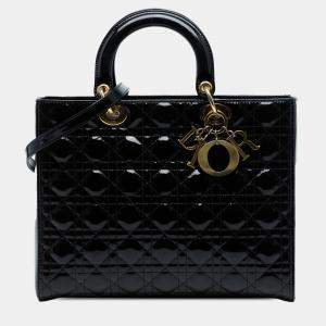 Pre Owned Dior Black Large Patent Cannage Lady Dior
