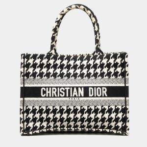 Pre Owned Dior Black White Medium Canvas Houndstooth Embroidered Book Tote