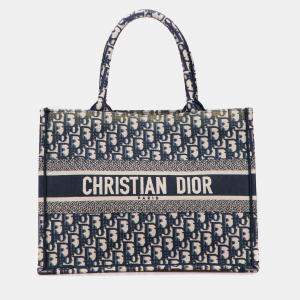 Pre Owned Dior Navy Blue Medium Oblique Canvas Book Tote