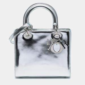 Pre Owned Dior Silver Medium Metallic Patent Lady Dior