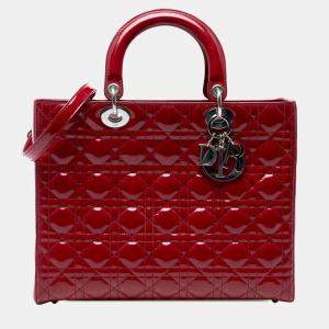 Pre Owned Dior Red Large Patent Cannage Lady Dior