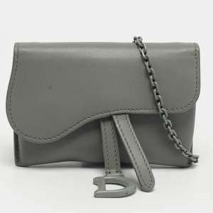 Pre Owned Dior Grey Ultra Matte Leather Nano Saddle Chain Pouch
