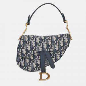Pre Owned Dior Beige Navy Blue Canvas Oblique Mini Saddle Bag
