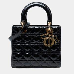 Pre Owned Dior Black Medium Patent Cannage Lady Dior