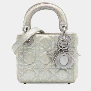 Pre Owned Dior Silver Micro Metallic Calfskin Cannage Lady Dior
