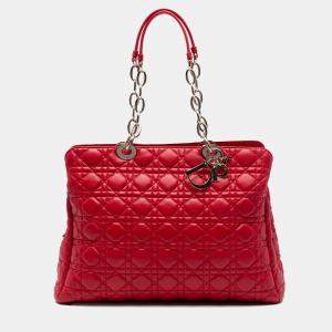 Pre Owned Dior Red Large Lambskin Cannage Soft Zipped Lady Dior Shopping Tote