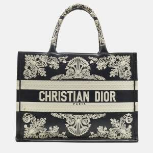 Pre Owned Dior Navy Blue/White Leather Embroidered Medium Book Tote