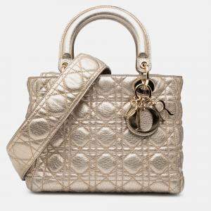 Pre Owned Dior Gold Medium Metallic Grained Calfskin Cannage Supple Lady Dior