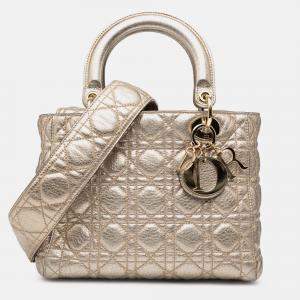 Pre Owned Dior Gold Medium Metallic Grained Calfskin Cannage Supple Lady Dior
