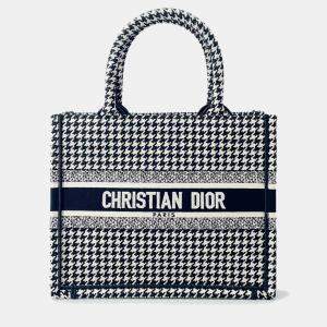 Pre Owned Dior Book Tote Houndstooth Pattern White/Black Canvas Size Small