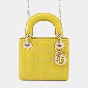 Pre Owned Dior Lady Dior 2Way Handbag Limegreen Patent Leather Size Mini
