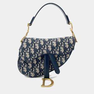 Pre Owned Dior Saddle Oblique One Shoulder Bag Navy Canvas Leather