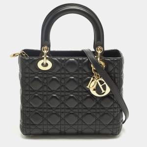 Pre Owned Dior Lady Dior Medium Black Cannage Leather Tote