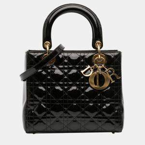Pre Owned Dior Black Medium Patent Cannage Lady Dior
