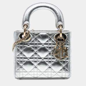 Pre Owned Dior Silver Mini Metallic Crinkled Calfskin Cannage Lady Dior