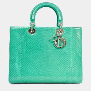 Pre Owned Christian Dior 2014 Teal Patent Python Large Lady Dior Top Handle with Strap