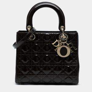 Pre Owned Dior Brown Medium Patent Cannage Lady Dior
