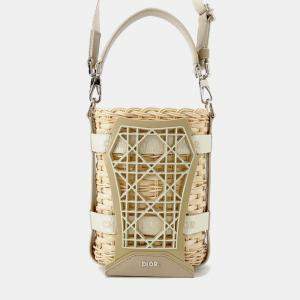 Pre Owned Dior Sahara 2-Way Bucket Bag Beige Raffia Leather Rubber Size Nano